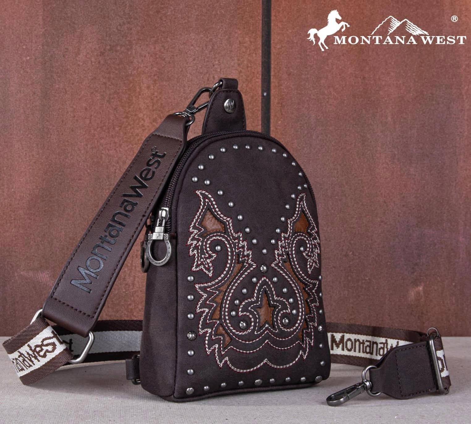 MONTANA WEST EMBROIDERED BOOT SCROLL SLING BAG