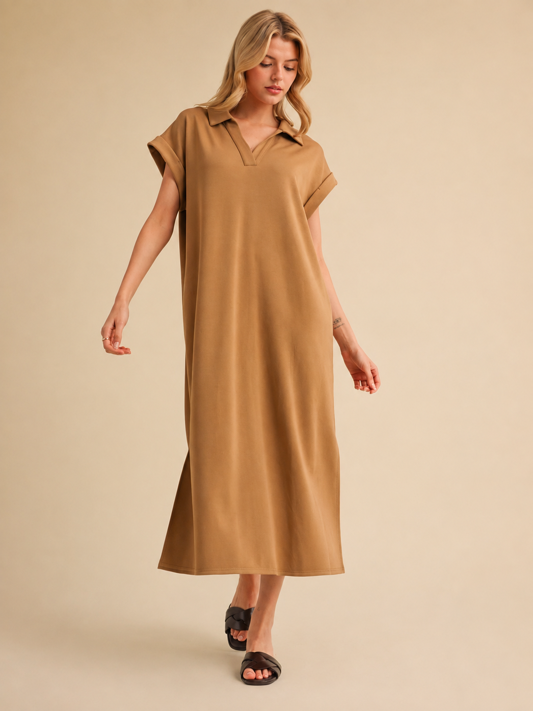 Solid Collared Midi Dress With Pockets