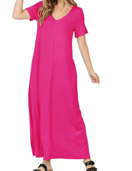 Basic Short Sleeve V Neck Maxi Dress With Pockets
