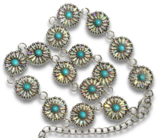 Western flower rhinestone concho link belt