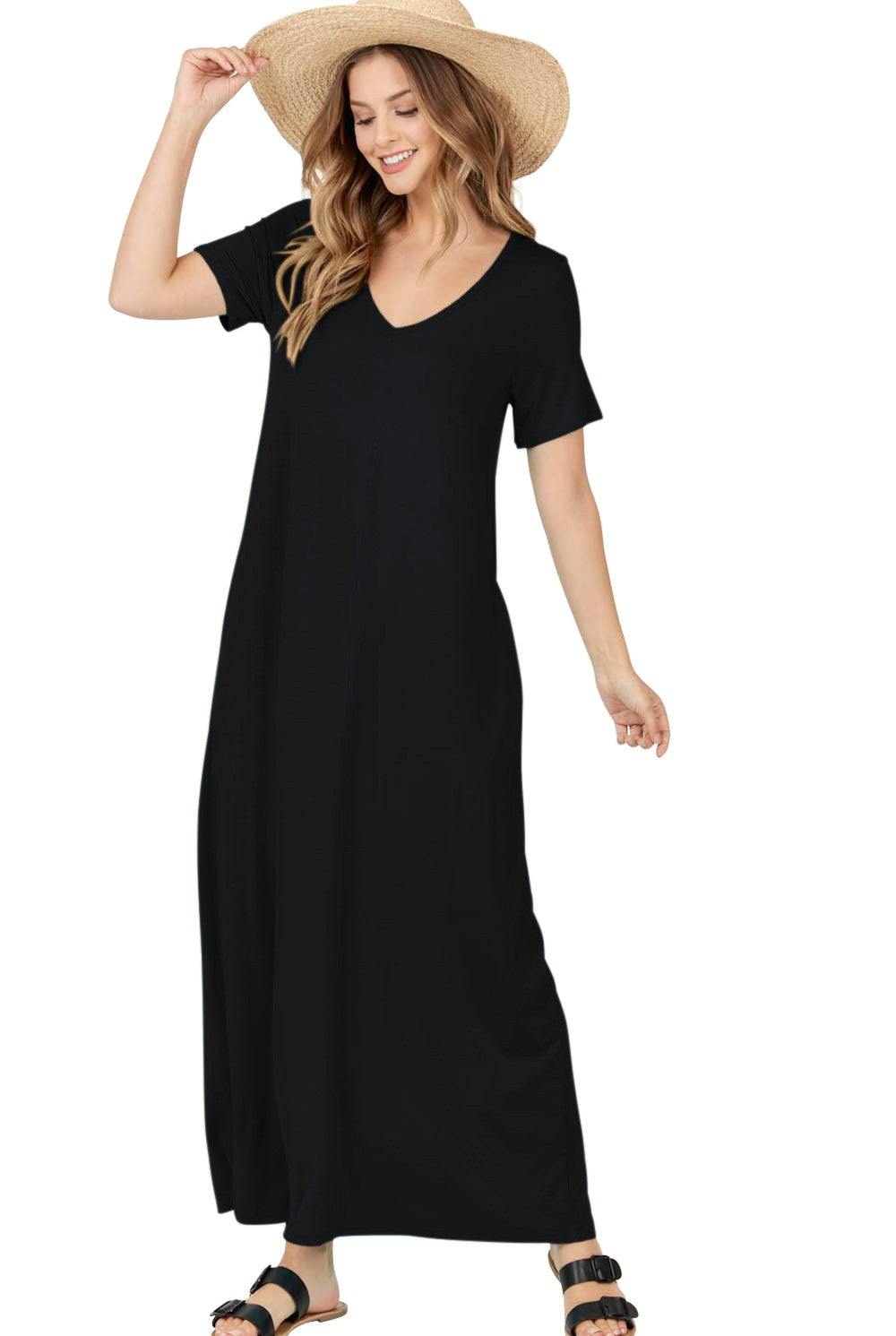 V NECK MAXI DRESS W POCKETS