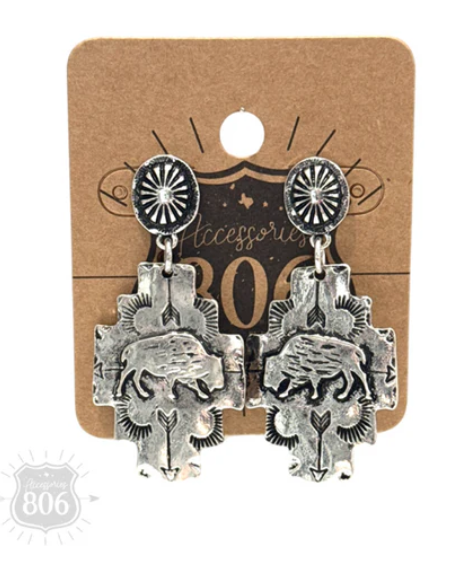Buffalo stamped silver earring