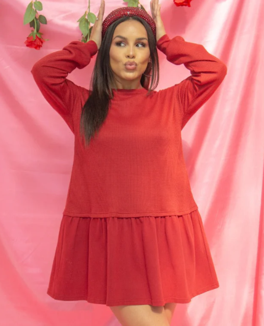 Waffle Knit Long-Sleeve Dress