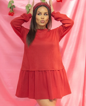 Waffle Knit Long-Sleeve Dress