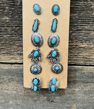 Turquoise Dry Stone Trail Stud Earrings 6 Pair Set