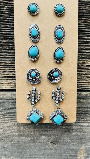 Turquoise Dry Stone Trail Stud Earrings 6 Pair Set
