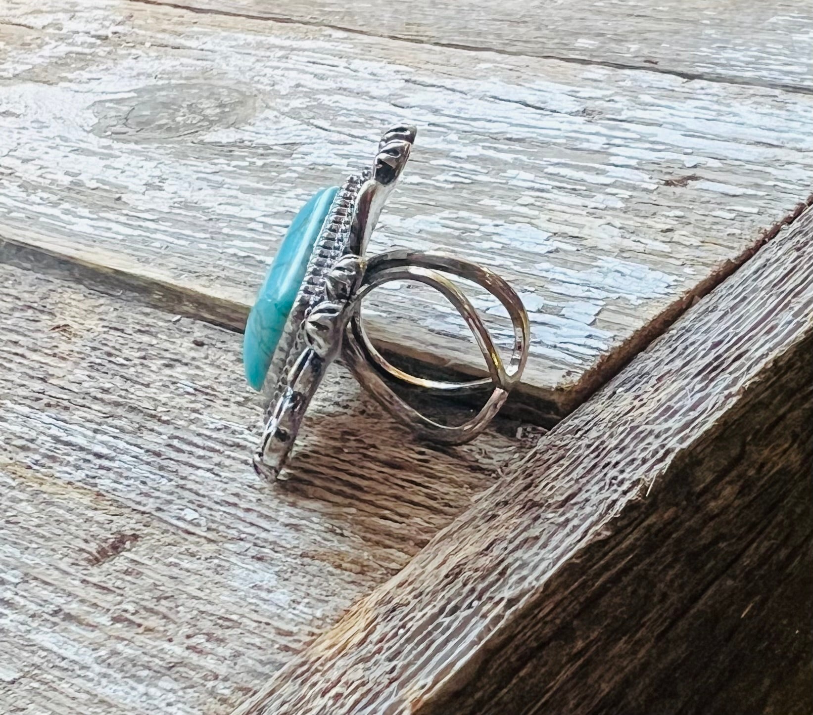 Western Square Stone Silver Tone Cuff Ring in Turquoise