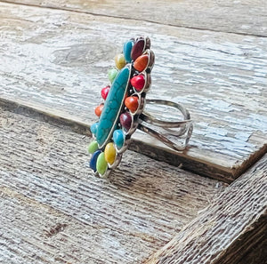 Western Beautiful Multi Color Stones Silver Tone Cuff Ring