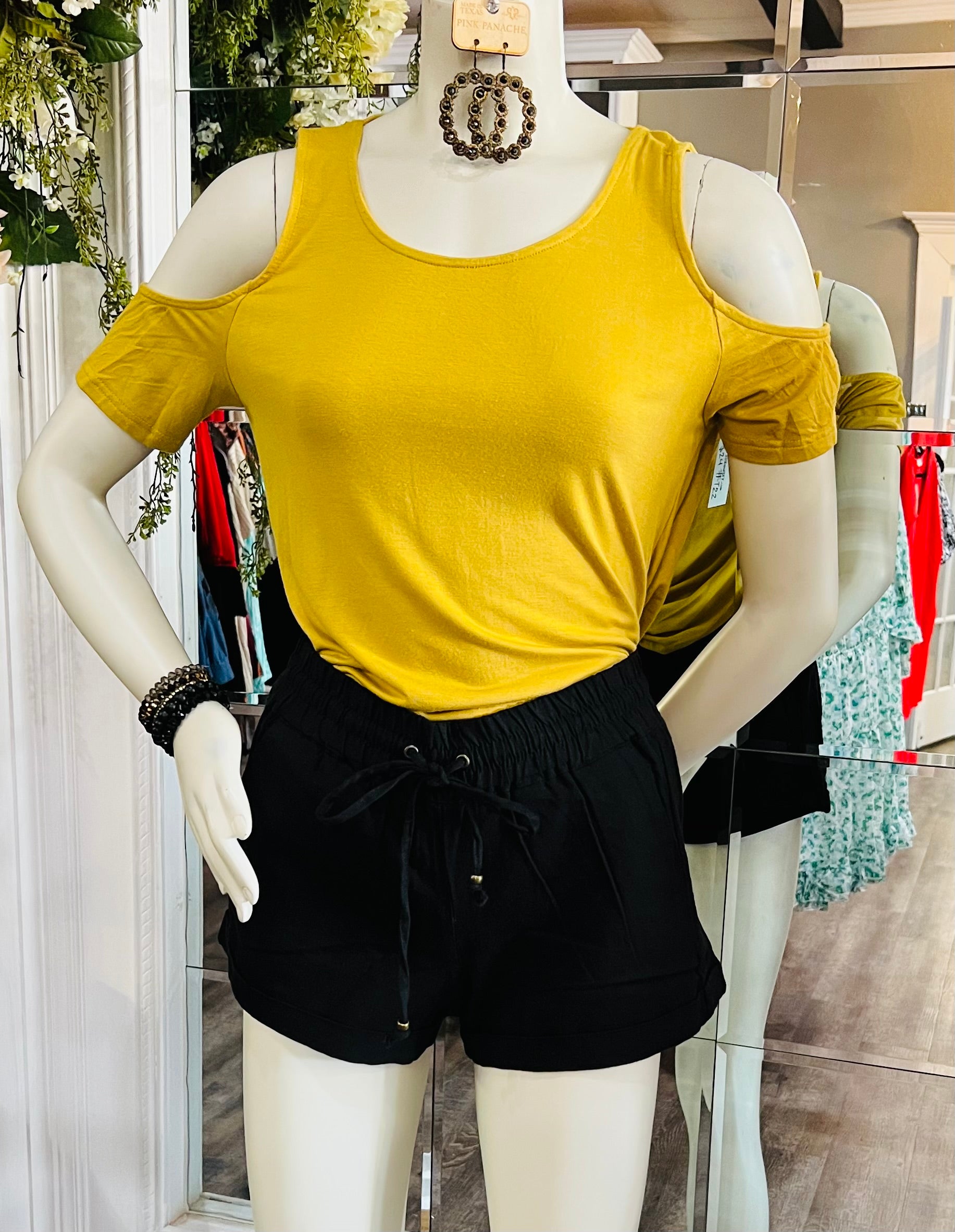 Short Sleeve Cold Shoulder Knit Top with Open Criss Cross Back