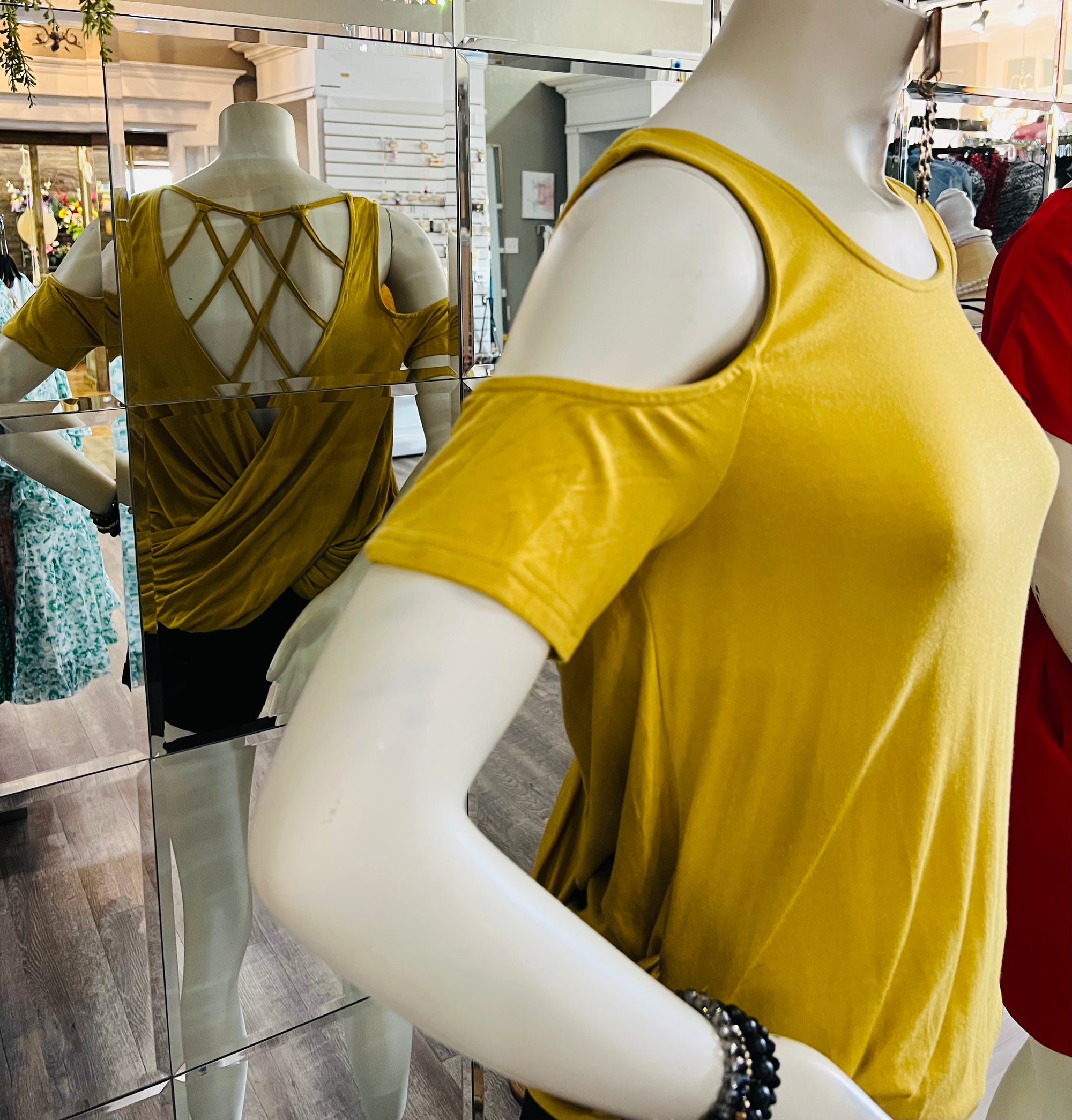 Short Sleeve Cold Shoulder Knit Top with Open Criss Cross Back