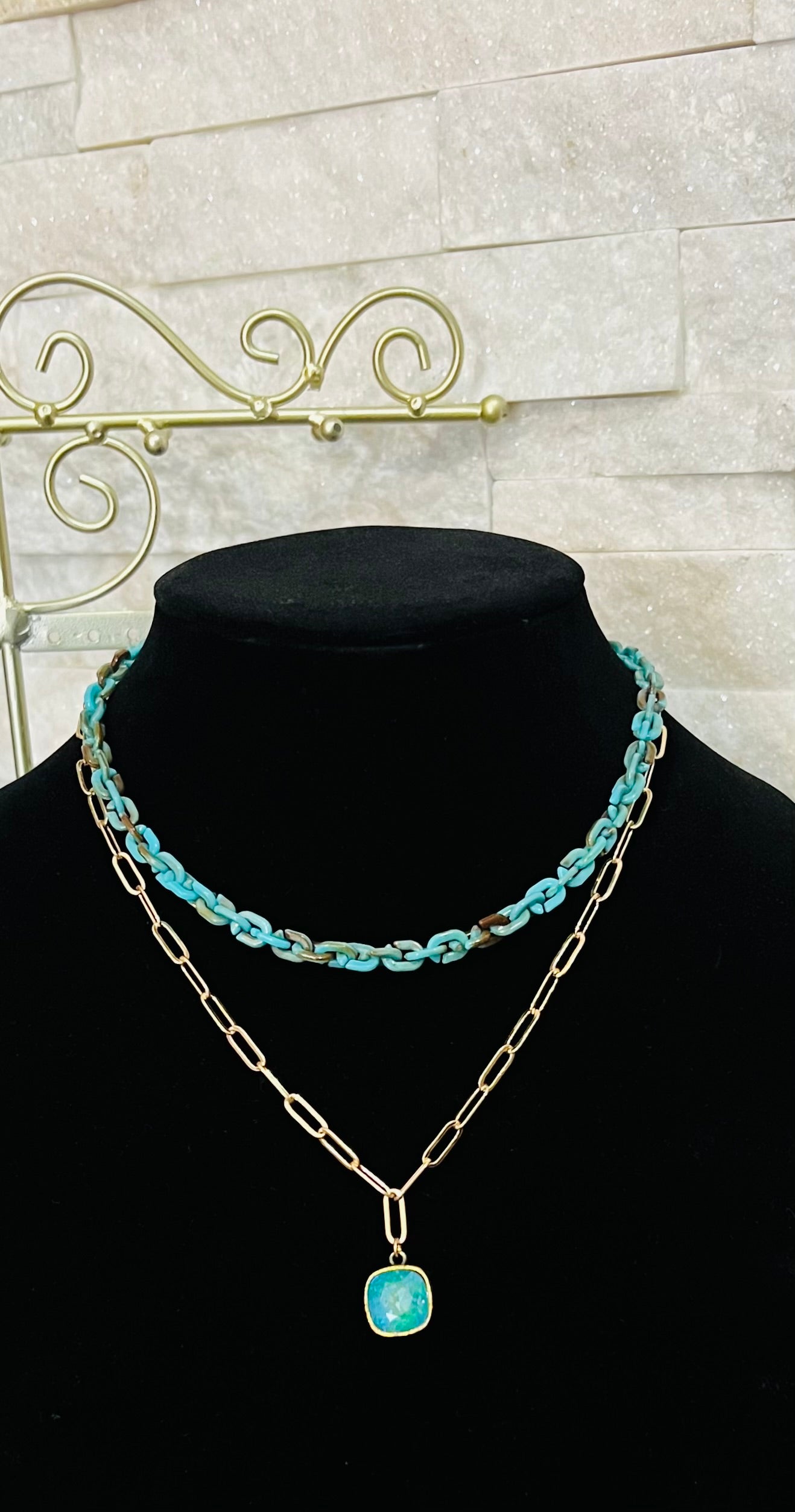 Two Strand Chain Necklace with Turquoise Cushion cut Crystal Drop in Gold and Turquoise