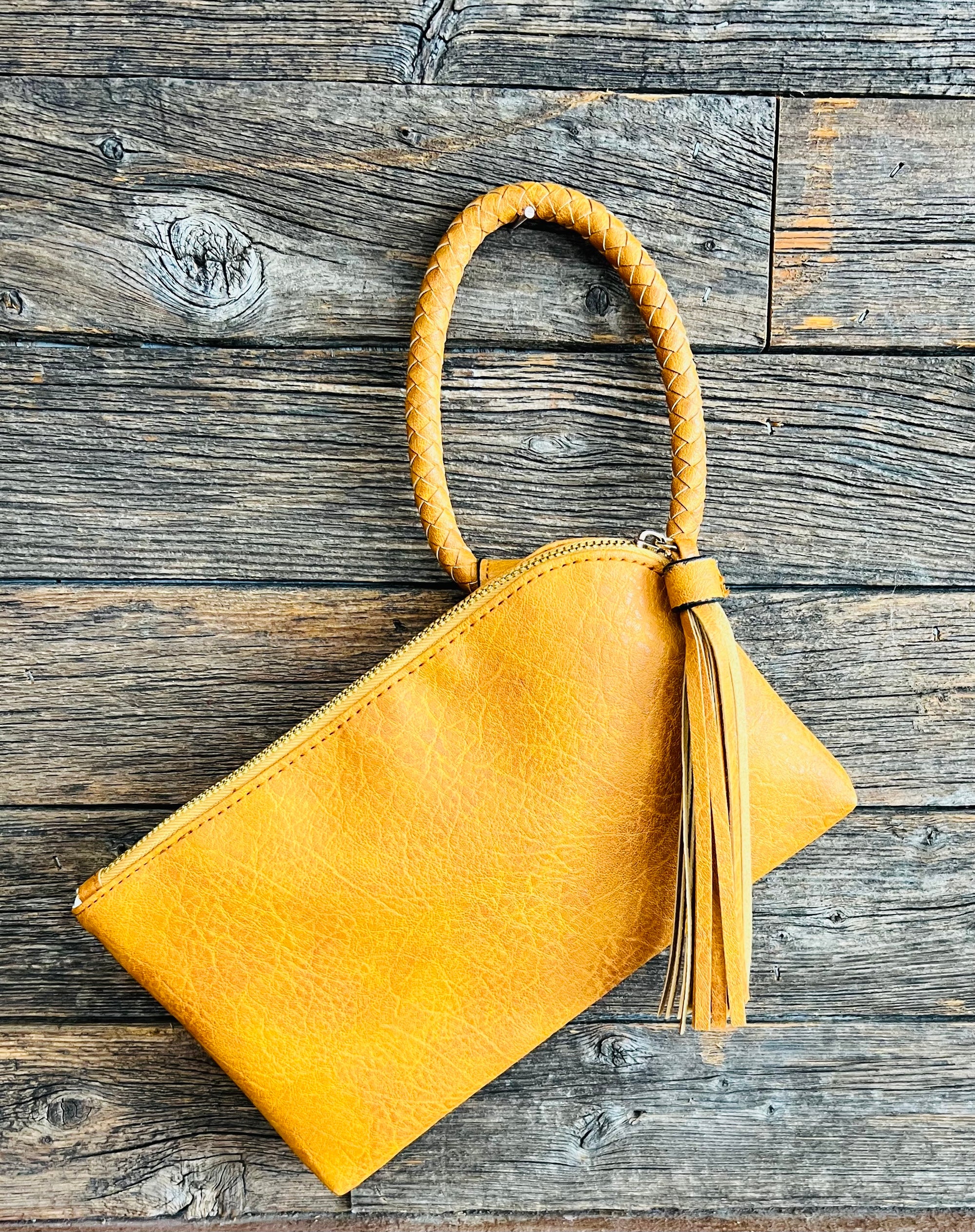 Mustard Faux Leather Purse with Fringe Tassel