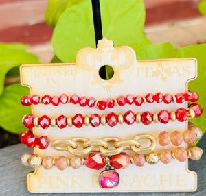 Pink Panache Red Crystal and Gold Tone Beaded Bracelet Set