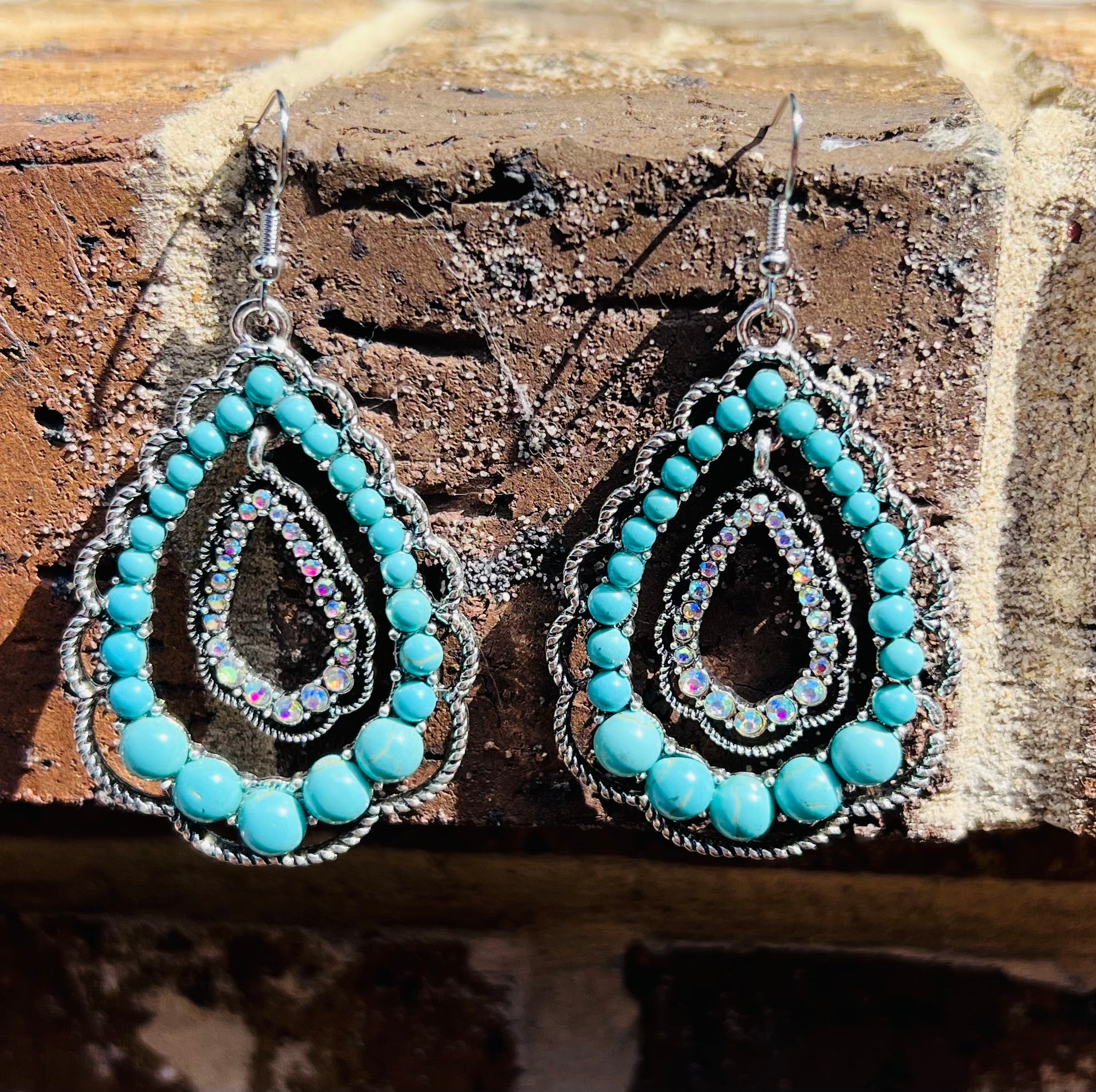 Crystal Squash Blossom Earrings - Turquoise & Silver