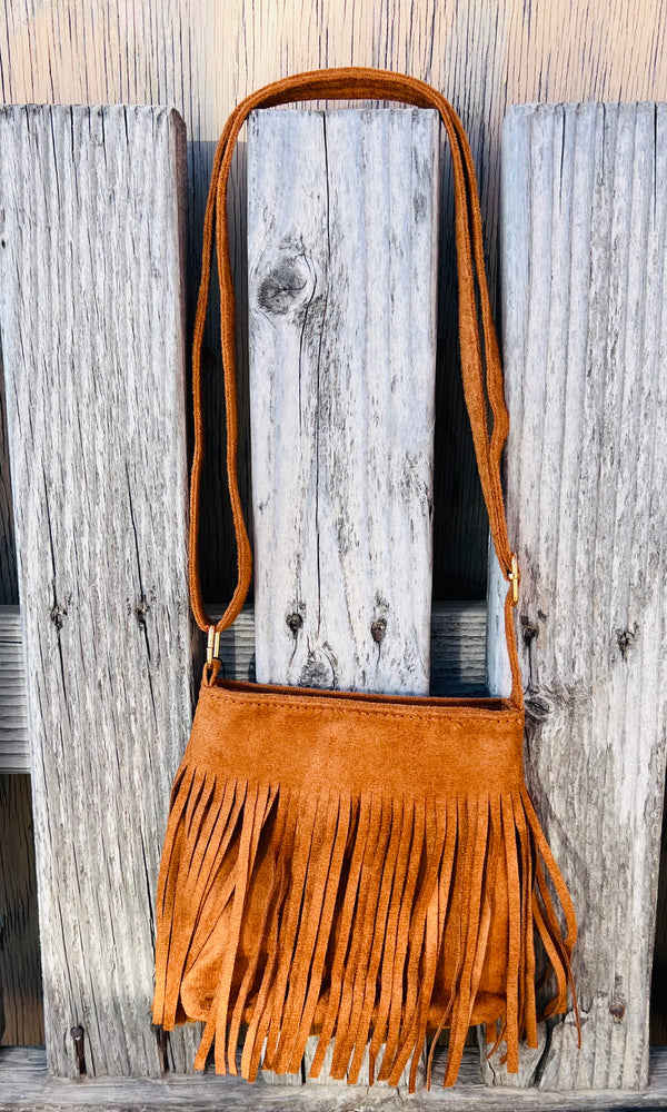 Girls Faux Suede Embroidered Floral Fringe Bag - County Fair