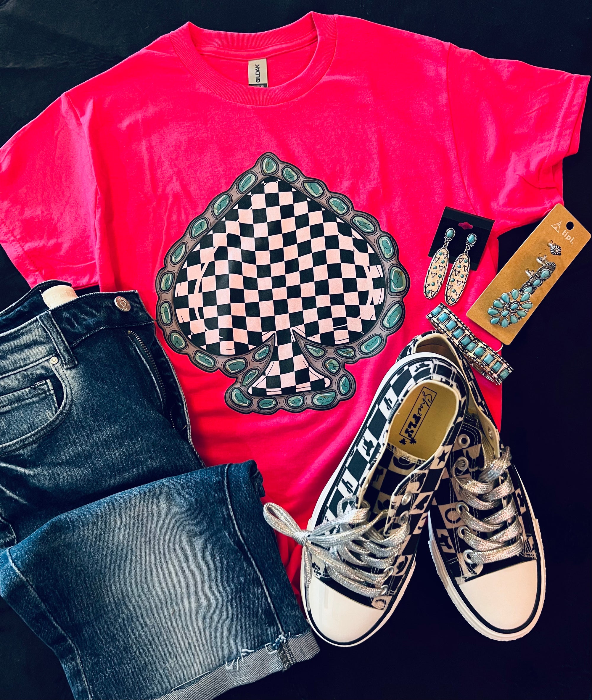 Checkered Spade Hot Pink Tee