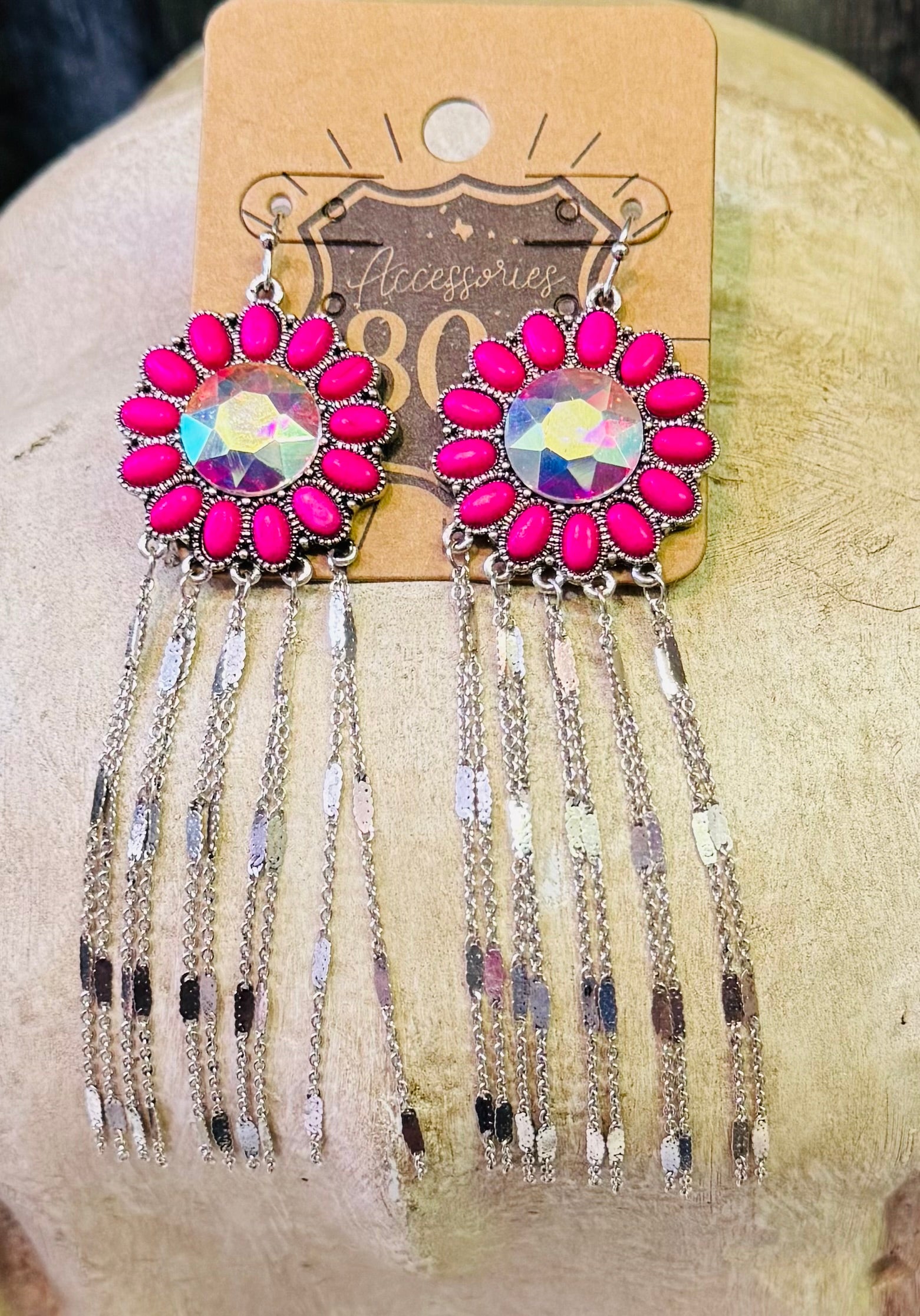 Flower concho fringe earrings fuchsia