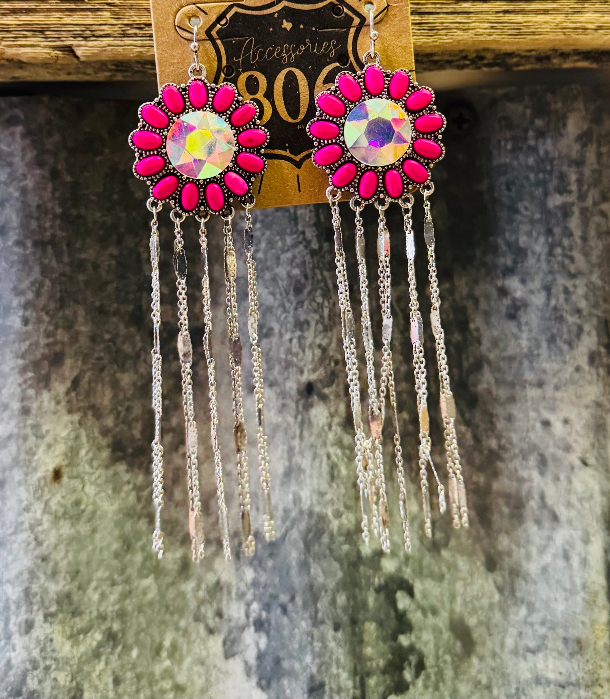 Flower concho fringe earrings fuchsia