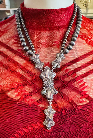 Western style pearl necklace with butterfly concho pendant silver