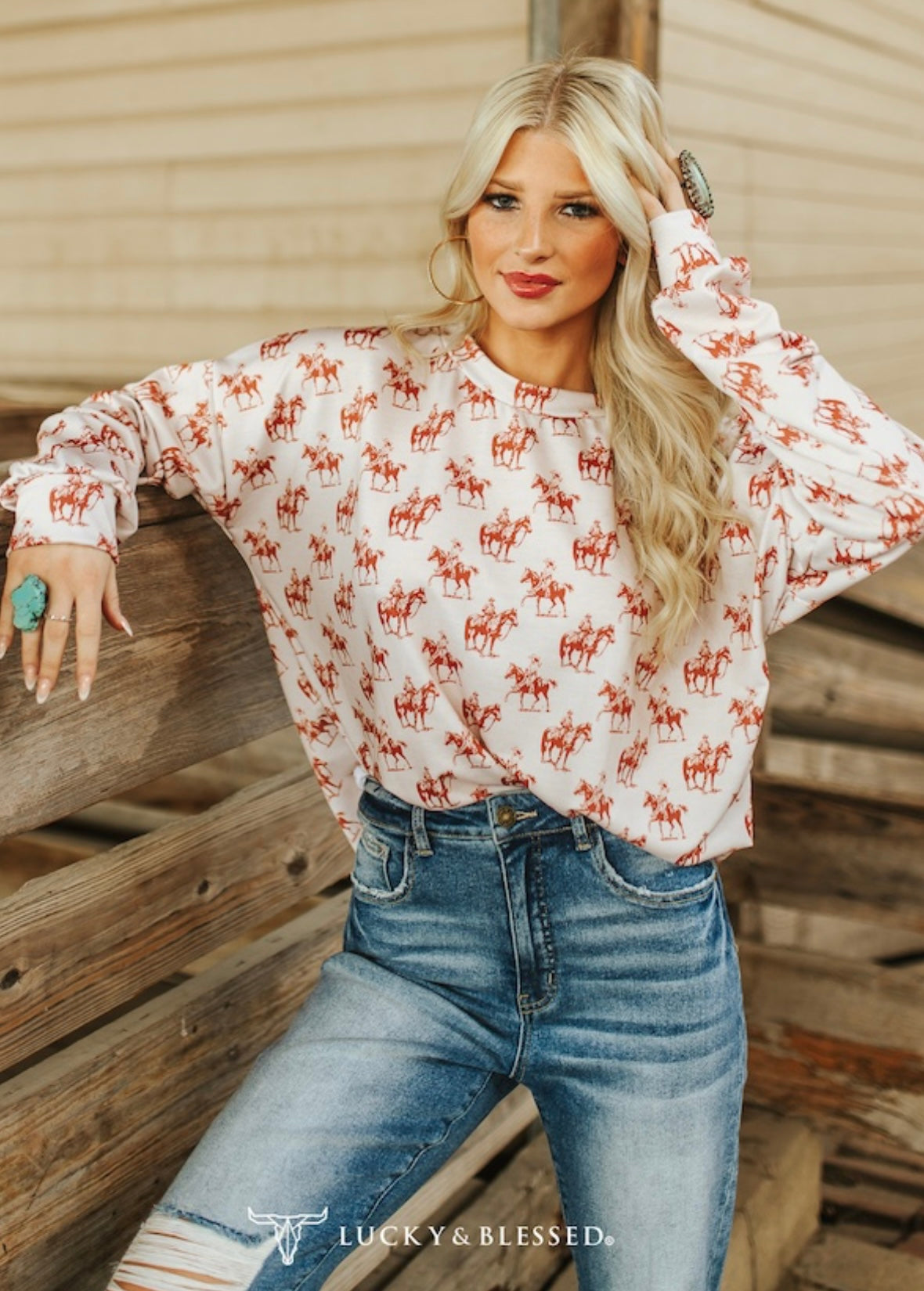 Ivory Cowboy Cowgirl Printed French Terry Top