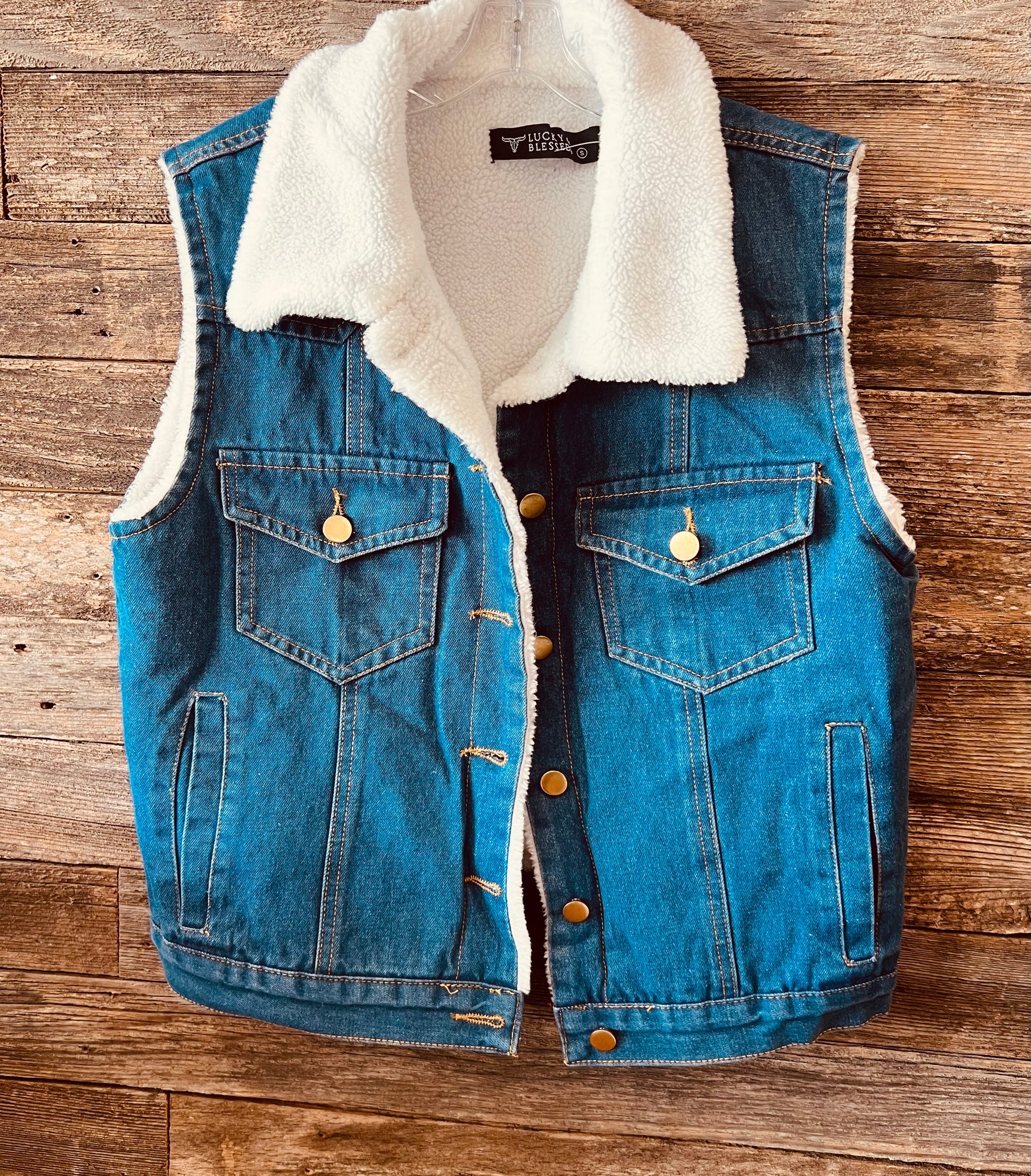 Denim Sherpa Lined Button Down Vest