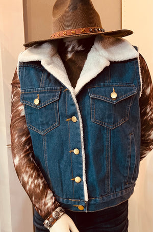 Denim Sherpa Lined Button Down Vest