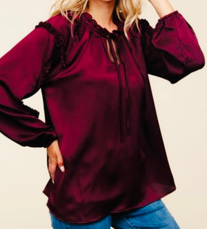 Ruffle Long Sleeve Satin Top