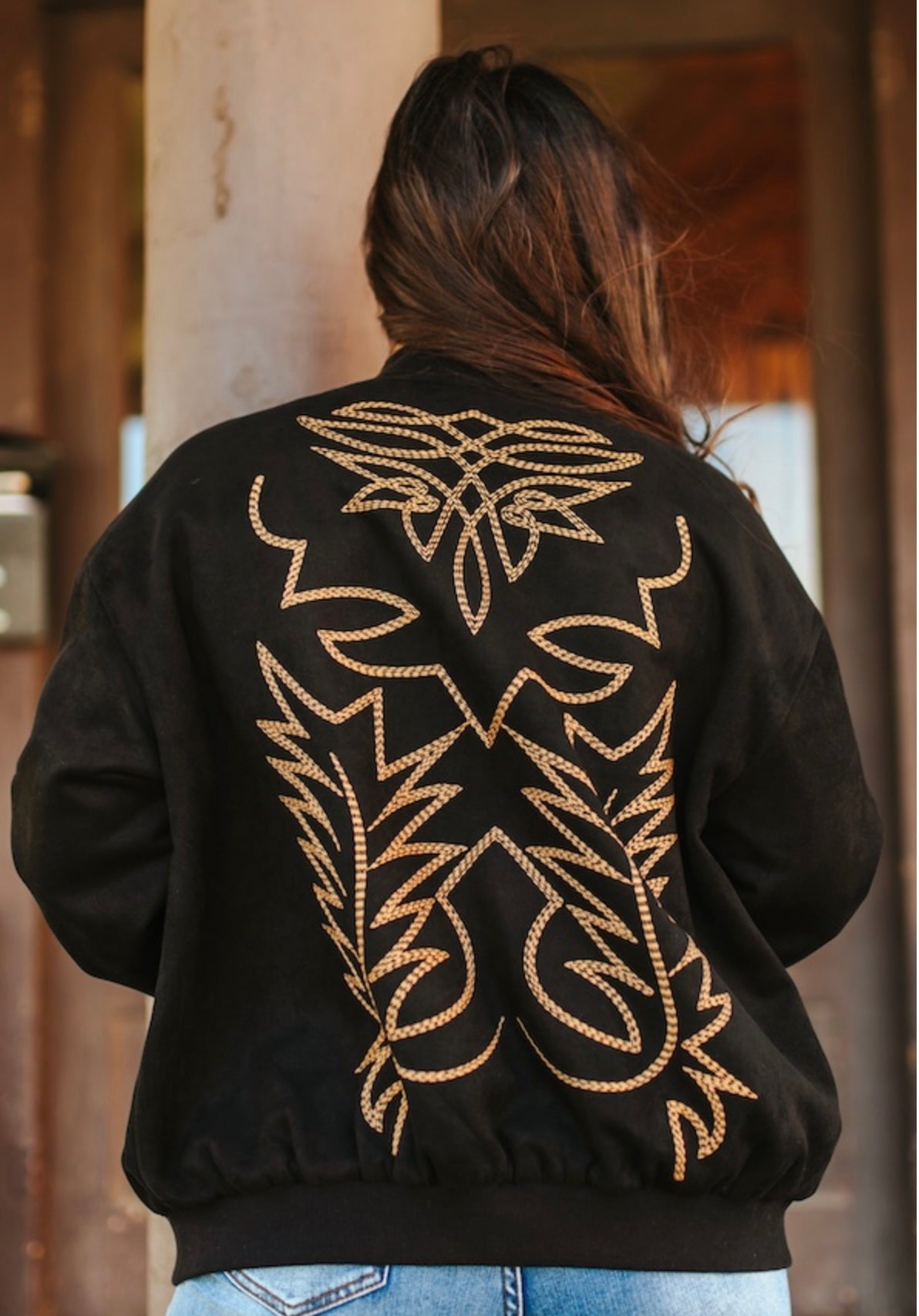 Black suede boot stitching embroidery detail bomber jacket