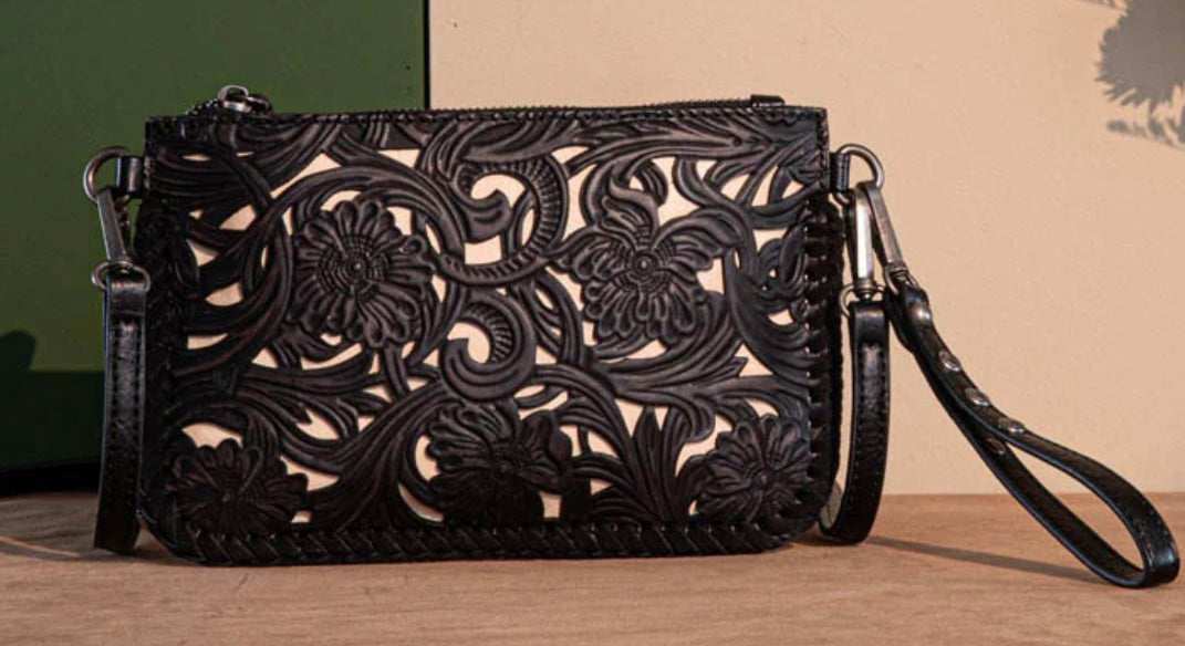 rinity Ranch Leather Floral Tooled Collection Clutch/Crossbody