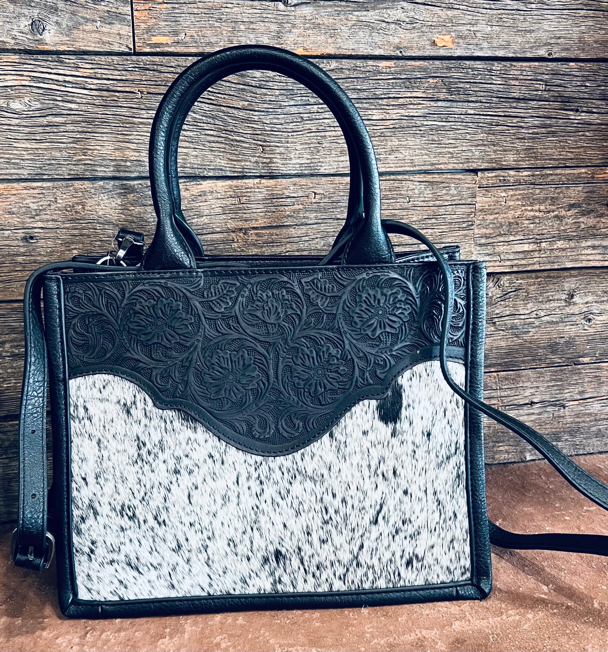 rinity Ranch Hair On Cowhide Floral Tooled Concealed Carry Tote/Crossbody - Black