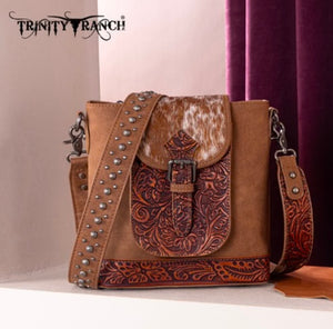 Trinity Ranch Genuine Hair On Cowhide Tooled Concealed Carry Crossbody Bag