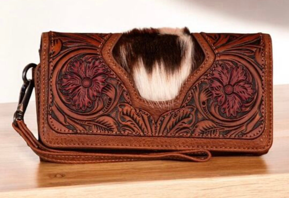 Trinity Ranch Floral Tooled and Hair-On Cowhide Collection Wallet