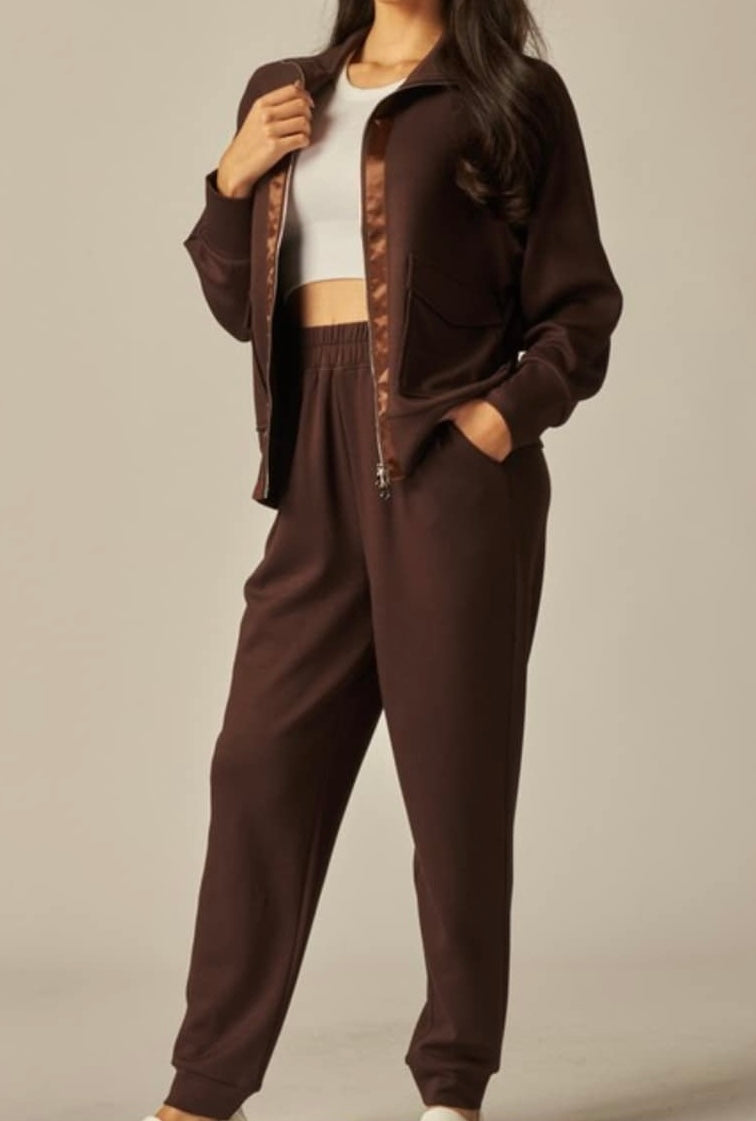 DOUBLE SOFT SATEEN TRIM ZIP SWEAT & CUFF PANT SET