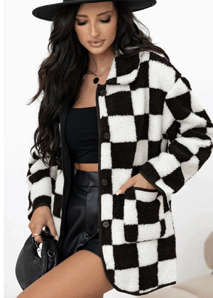 Checkered Side Pockets Collared Buttoned Flecce Jacket