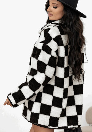 Checkered Side Pockets Collared Buttoned Flecce Jacket