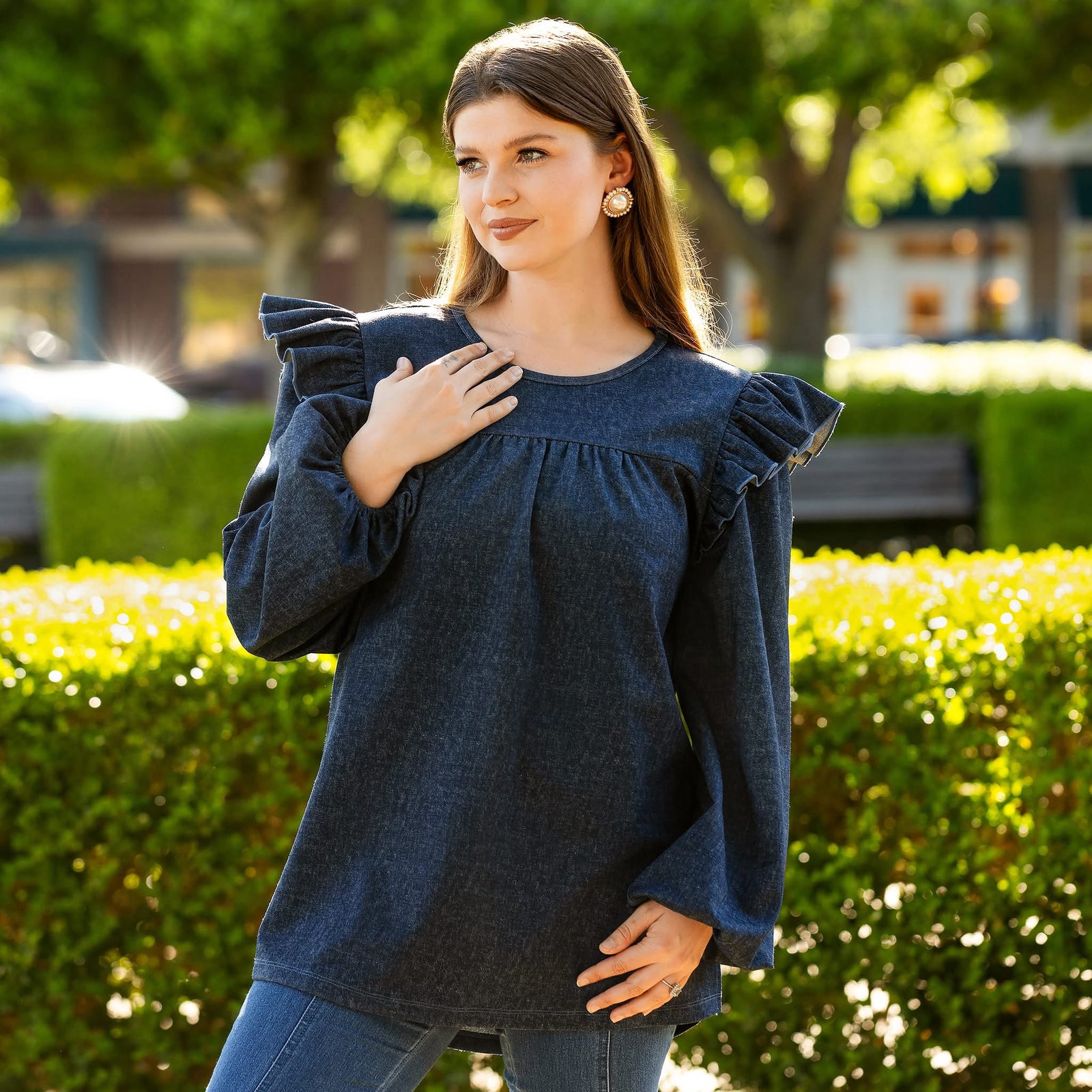 DENIM STYLE RUFFLE SHOULDER TOP