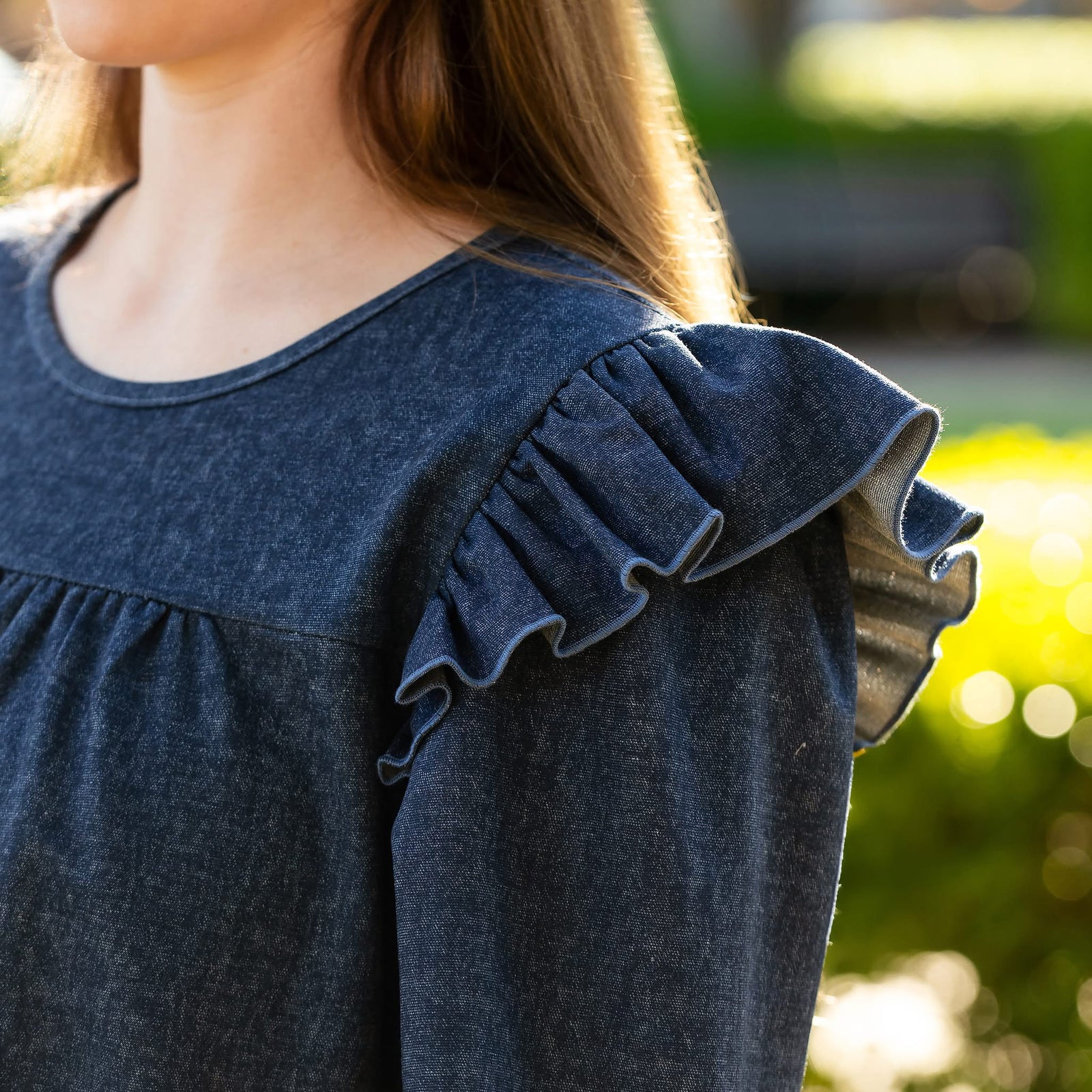 DENIM STYLE RUFFLE SHOULDER TOP