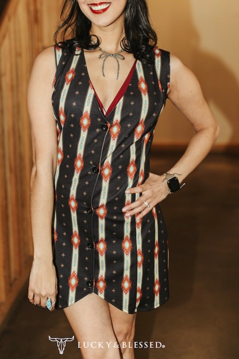 Serape Aztec Printed Vest Sleeveless Button Down Dress