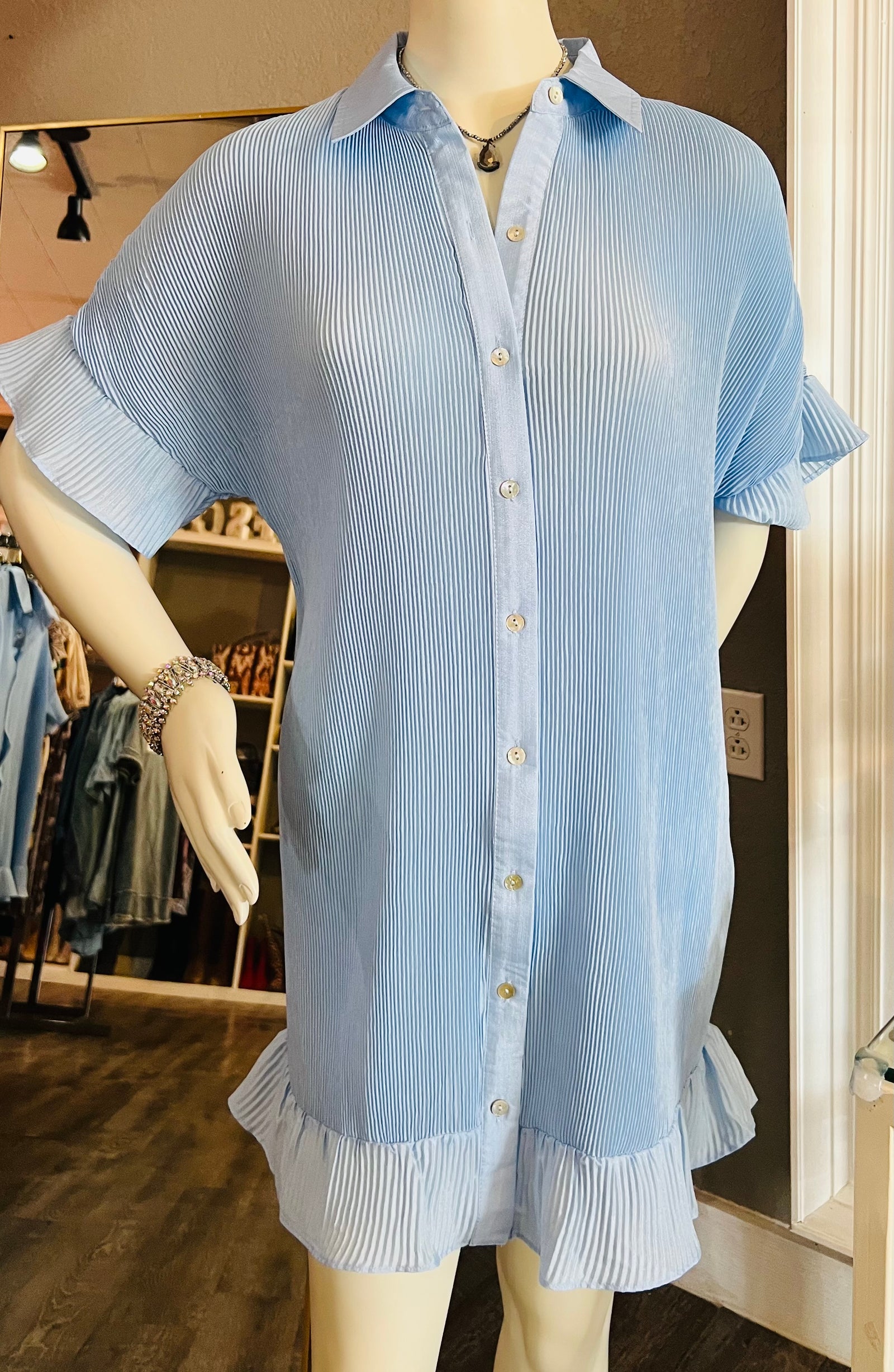 PLEATED MINI DRESS IN SKY BLUE