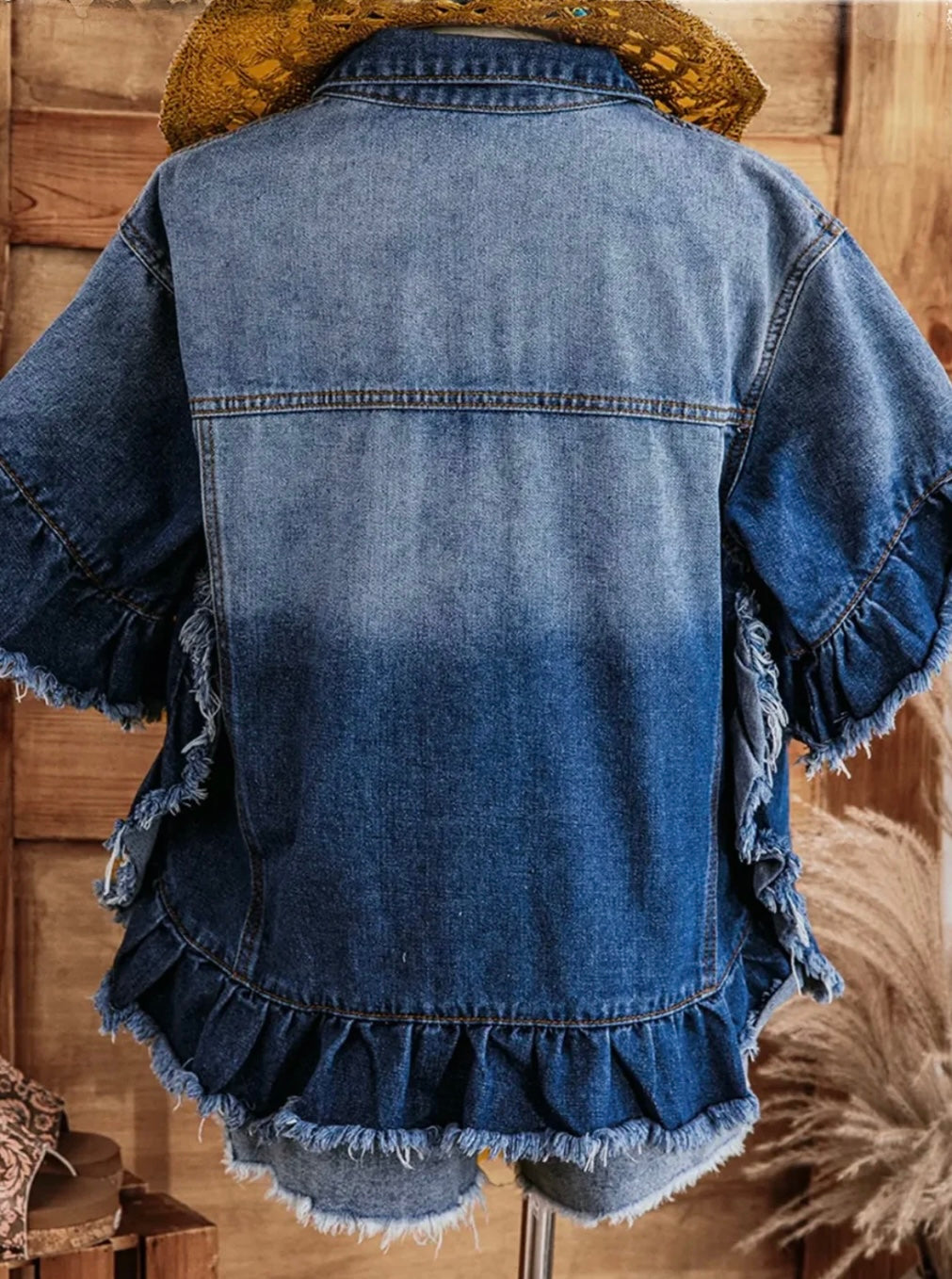 Raw Edge Ruffle Short Sleeve Denim Jacket