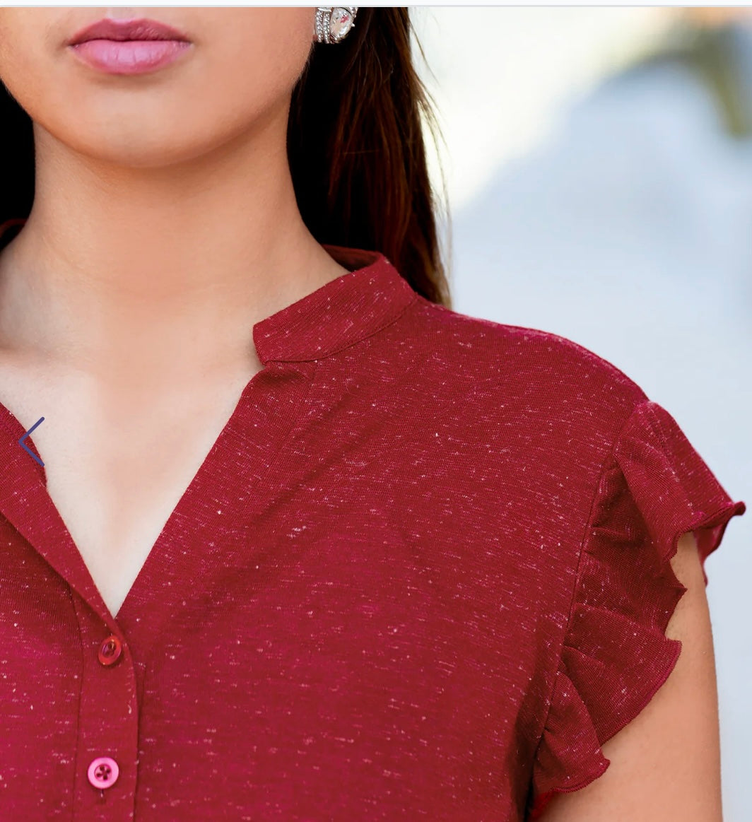 V-Neck Ruffle Sleeve Romper with Pockets (Burgundy)