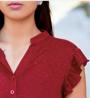V-Neck Ruffle Sleeve Romper with Pockets (Burgundy)