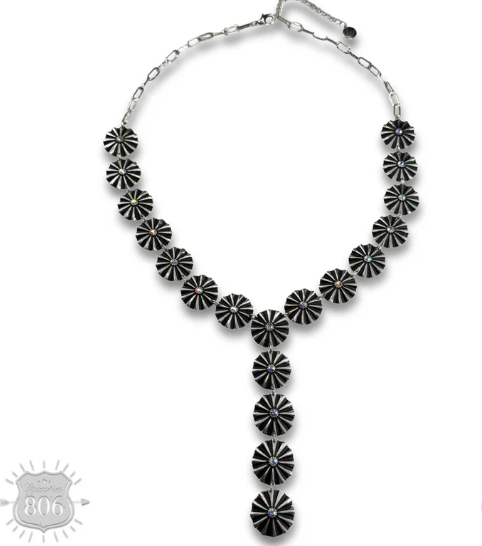 Starburst concho Y necklace with iridescent rhinestones