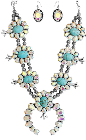 Western Rhinestone Squash Blossom Necklace Set Turquoise