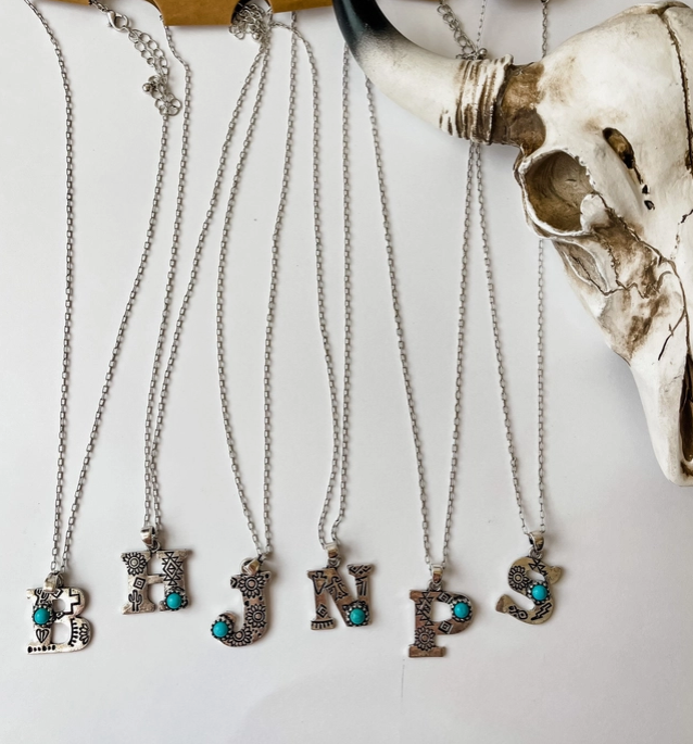 INITIAL STAMPED TURQUOISE TEARDROP STONE PENDANT NECKLACE