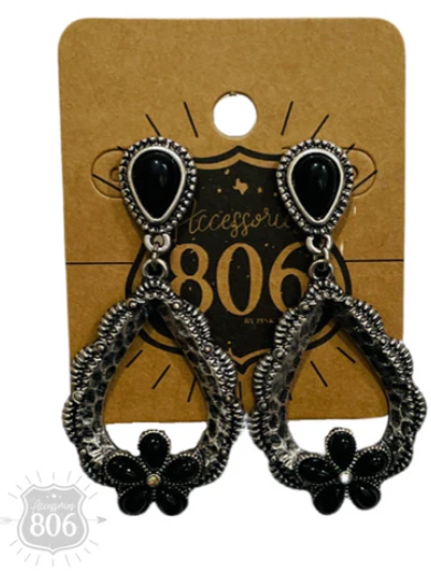 Stone flower open teardrop earring