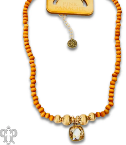 Round wood and brushed gold bead necklace with Austrian crystal