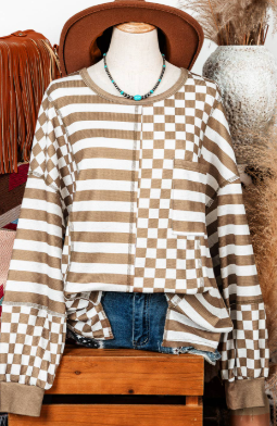 CHECKERBOARD STRIPE PATCHWORK LANTERN SLEEVE BLOUSE
