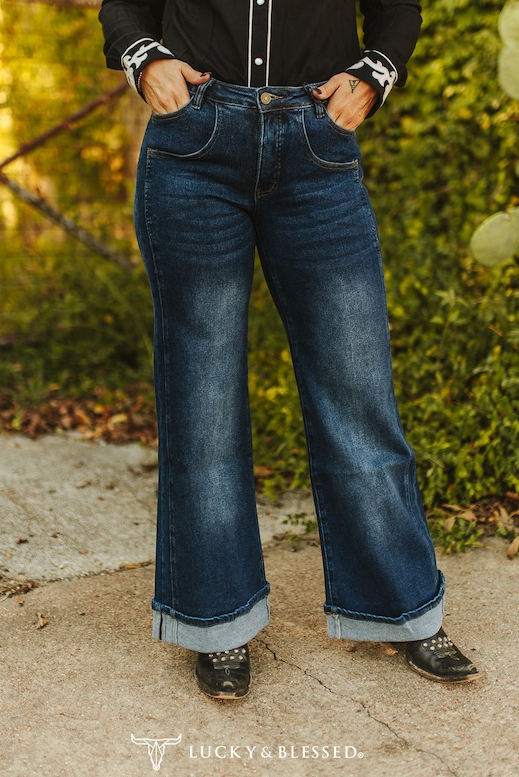 Dark Wash Cuffed Wide Leg Mid Rise Jeans