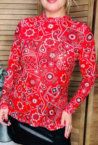 RED PAISLEY MESH SHEER TOP